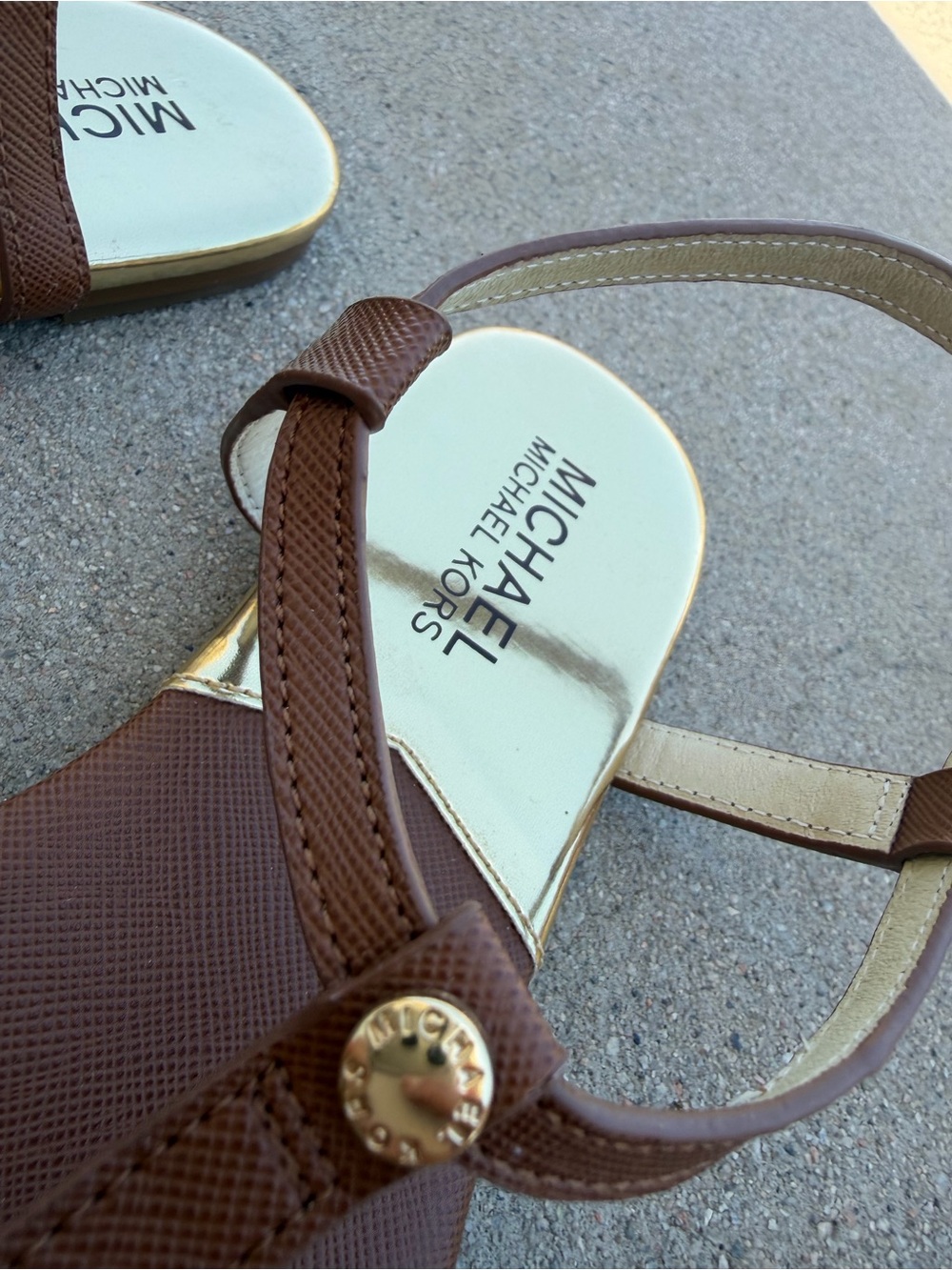 Michael Kors Brown and Gold Leather Thong Sandals - Picture 3 of 6